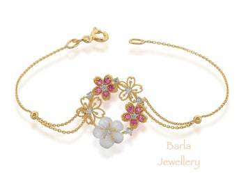 Flower Bracelet, Unique Diamond and Sapphire Flower Bracelet, 14k Gold Diamond Bracelet, Solid Gold Dainty Diamond Bracelet, Gifts For Her