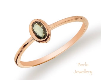 Dainty 14k Gold Green Sapphire Ring: Oval Gemstone Promise Ring
