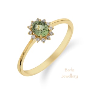 Sapphire Ring, 14k Oval Green Sapphire Ring with Surrounding Diamonds, Natural Green Sapphire and Diamond Ring, Black Friday Sale, For Her