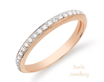 14k Rose Gold Diamond Wedding Band: Micro Pave Half Eternity Ring