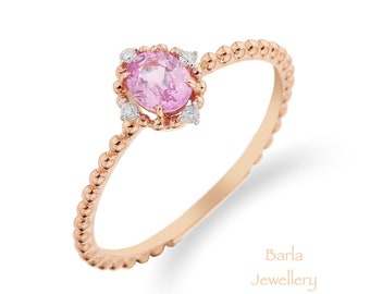 Dainty 14k Rose Gold Pink Sapphire Ring with Diamonds