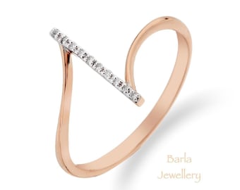 14k Gold Vertical Bar Ring, Diamond Bar Ring, Rose Gold Ring, Diamond Dainty Ring, Stackable Ring, Engagement Ring, Valentines Day Gifts