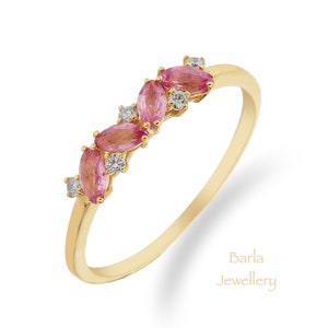 14k Gold Pink Sapphire Wedding Band: Marquise Cut Diamond Ring