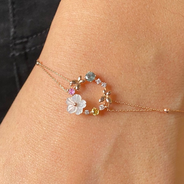 14k Gold Flower Bracelet, Diamond, Sapphire, Dainty Gold Chain