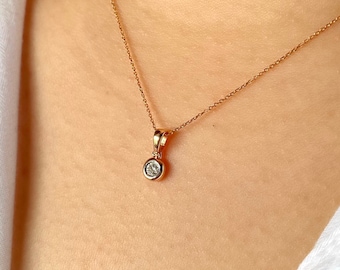 14k Rosegold Diamant Solitär Halskette: Minimalistischer Lünetten Anhänger