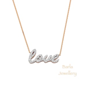 Tiny Diamond Love Necklace, Minimalist Diamond Love Pendant in 14k Gold, Rose Gold Necklace, Diamond Pendant, Valentines Day Sale, For Her
