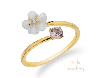 Diamond Open Ring, Unique Diamond and Sapphire Open Flower Ring, 14k Gold Diamond Open Ring, Flower Diamond Ring, Solid Gold Tiny Open Ring