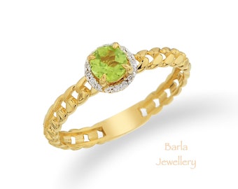 Peridot Halo Ring, 14k Diamond and Peridot Engagement Ring, Cuban Chain Link Ring, Natural Green Round Peridot Ring, August Birthstone Ring