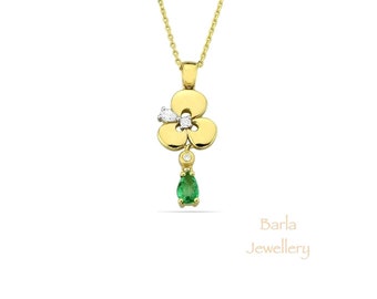 14k Gold Flower Emerald Necklace: Pear Diamond Pendant
