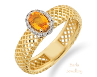 14k Gold Orange Sapphire Ring: Diamond Halo Engagement Ring