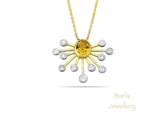 14k Gold Yellow Sapphire Necklace: Diamond Halo Pendant, September Birthstone