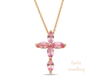 14k Rose Gold Pink Sapphire Cross Necklace - September Birthstone