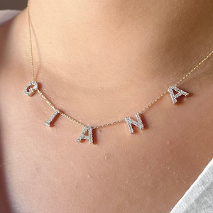 Collar con nombre de diamante, collar con nombre personalizado con diamante de 14 k, regalos personalizados, collar con letras de diamante personalizado, regalo de cumpleaños