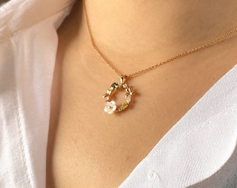 14k Gold Multi Sapphire Diamond Flower Necklace, Dainty Pendant