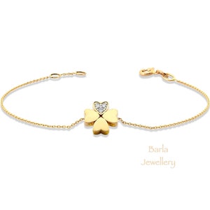 14k Gold Diamant Klee Armband: Zierliches Blumenherz Armband