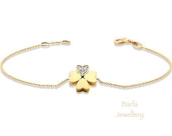 14k Gold Diamond Clover Bracelet: Dainty Floral Heart Bracelet