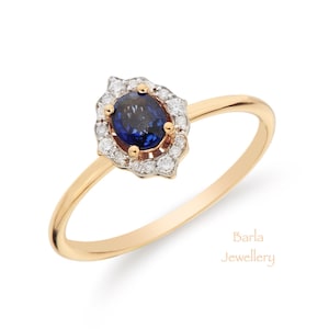 Sapphire Ring, 14k Oval Blue Sapphire Ring with Surrounding Diamonds, Natural Blue Sapphire and Diamond Ring, Statement Ring, Gifts For Her