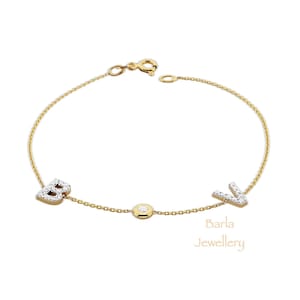 Pulsera con inicial, pulsera con inicial de diamantes con bisel, joyería personalizada, pulsera con letras de oro de 14 k, pulsera con inicial personalizada