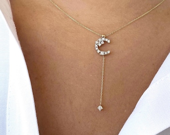 14k Gold Diamond Lariat Necklace, Dainty Y Pendant Choker, Minimalist Everyday Jewelry