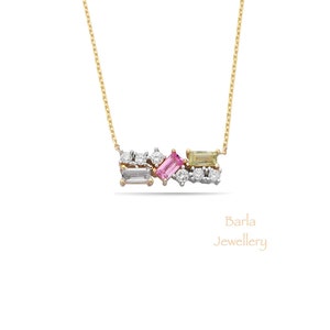 Sapphire Necklace, 14k Diamond and Sapphire Baguette Necklace, Natural Multicolor Sapphire Baguette Pendant, September Birthstone, For Her