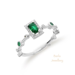 Emerald Ring, 14k Diamond and Emerald Engagement Ring, Natural Green Baguette Emerald Ring, May Birthstone, Valentines Day Sale, For Her