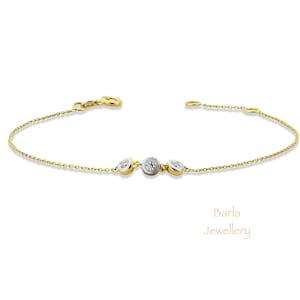 Diamond Bracelet, Trio Diamond Bracelet in 14k Solid Gold in Bezel Setting, Diamond Bracelet with Thin Chain, Diamond Bezel Bracelet