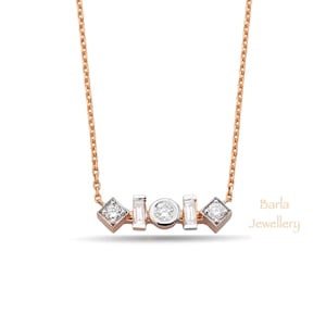 Baguette Diamond Necklace, 14k Gold Baguette and Round Cut Diamond Necklace, Minimalist Baguette Necklace, Dainty Mix Diamond Necklace