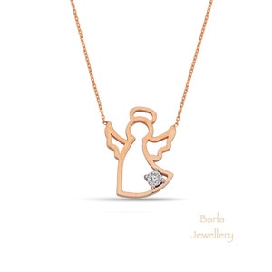 Diamond Angel Necklace, 14k Gold Necklace, Solid Gold Dainty Angel Pendant, Minimalist Diamond Pendant, Good Luck Charm, Black Friday Sale