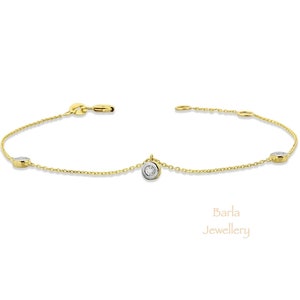 Diamond Bracelet, Trio Diamond Dangling Bracelet in 14k Real Gold in Bezel Setting, Diamond Bracelet with Thin Chain, Diamond Bezel Bracelet