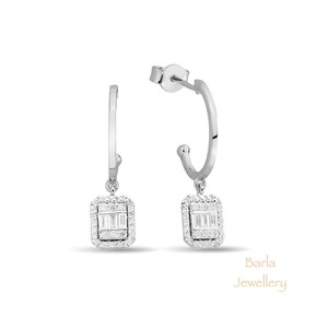 Baguette Earrings, 14k Dangling Baguette Earrings, Dainty Diamond Earrings, Solid Gold Baguette Diamond Earrings, Black Friday Sale, For Her