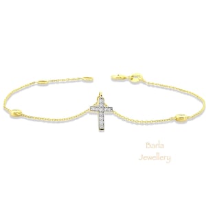 14K Solid Gold Diamond Cross Bracelet, Religious Charm 14K Solid Gold Diamond Cross Bracelet, Religious Charm