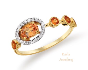 14k Gold Orange Sapphire Ring: Diamond Halo, September Birthstone