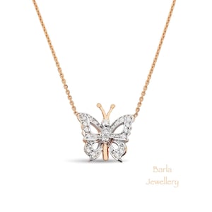 Butterfly Necklace, 14k Diamond Necklace, Solid Gold Butterfly Necklace, Tiny Butterfly Diamond Pendant, Dainty Necklace, Christmas Sale