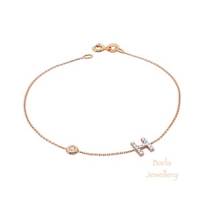 Pulsera con inicial de diamante, pulsera con inicial pequeña de oro de 14 quilates, pulsera con letra de oro macizo, joyería personalizada, pulsera con inicial personalizada