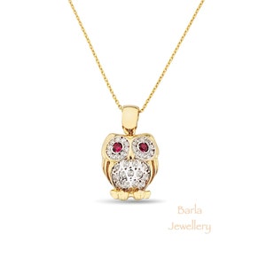 Diamond Owl Necklace, 14k Gold Necklace, Ruby Eyed Owl Necklace, Solid Gold Owl Necklace, Tiny Owl Diamond and Ruby Pendant, Christmas Sale