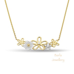 Diamanten bloemenketting, 14k gouden diamanten ketting, unieke diamanten bloemenketting, parelmoer bloem diamanten hanger, cadeaus voor haar