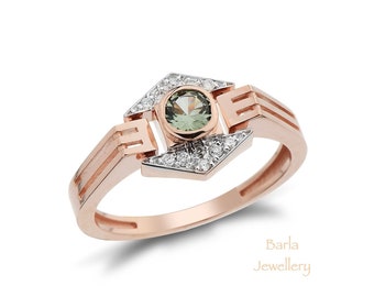 14k Rose Gold Green Sapphire Ring: Diamond Accent Promise Ring
