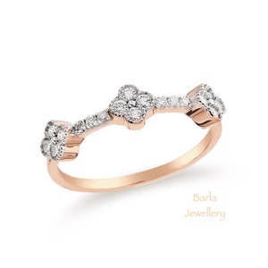 Diamond Clover Ring, 14k Half Eternity Diamond Ring, Dainty Rose Gold Diamond Ring, Unique Diamond Stackable Ring, April Birthstone Ring