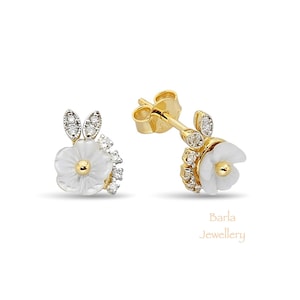 Flower Earrings, Unique Diamond Flower Earrings, 14k Gold Diamond Stud Earrings, 14k Gold Dainty Diamond Earrings, Flower Studs, For Her