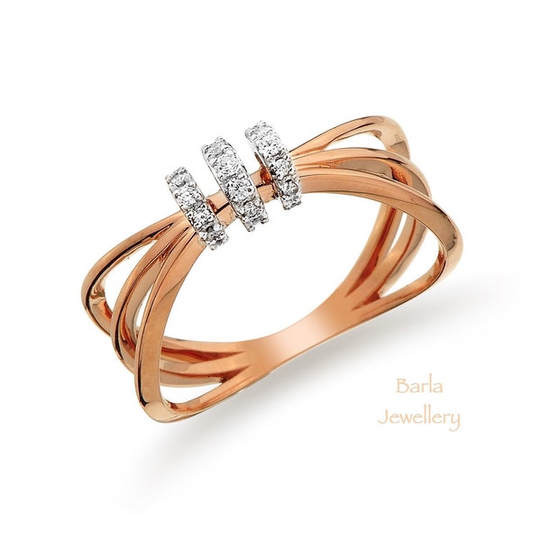 Diamond Ring, 14k Gold Triple Row Diamond Ring, Dainty Rose Gold Diamond Ring, Unique Diamond Stackable Ring, Mothers Day Sale, For Her