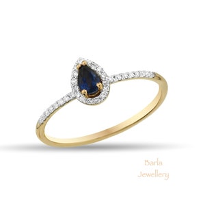 Sapphire Ring, 14k Gold Pear Shape Natural Sapphire and Diamond Ring, Teardrop Blue Sapphire Engagement Ring, Unique Promise Ring, For Her