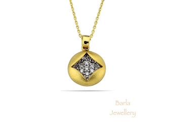 14k Gold Diamond Florentine Necklace: Dainty Pave Pendant