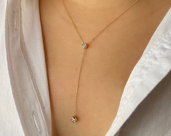 Diamond Lariat Necklace, 14k Gold 2 Stone Bezel Setting Diamond Necklace, Diamond Solitaire Y Necklace, Diamond Pendant, Mother's Day Sale