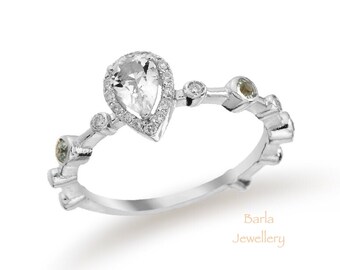 14k Gold Aquamarine Diamond Ring: Pear Shape March Birthstone Engagement Ring