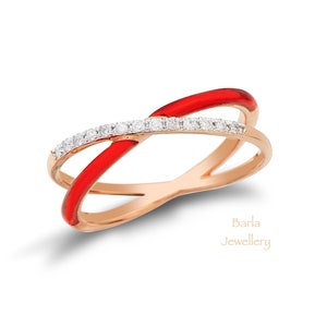 Red Enamel Ring, Criss Cross Diamond Ring, X Diamond Enamel Ring, 14k Rose Gold Diamond Ring, Daily Woman Diamond Ring, Colorful Enamel Ring