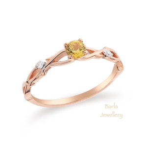 Sapphire Ring, 14k Gold Sapphire and Diamond Ring, Natural Yellow Sapphire Ring, Rose Gold Sapphire Promise Ring, Sapphire Engagement Ring