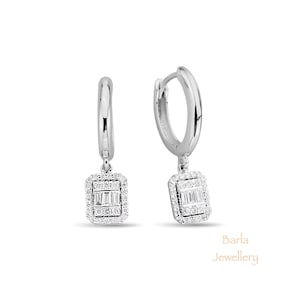 Baguette Diamond Earrings, 14k Dangling Baguette Earrings, Round and Baguette Diamond Hoop Earrings, Solid Gold Diamond Earrings, For Her