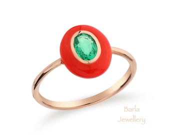 Orange Enamel Ring,  14k Emerald and Enamel Ring, Colorful Summer Ring, Green Emerald and Enamel Ring, Rose Gold Emerald Ring, Gifts For Her