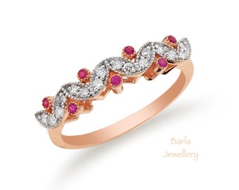 14k gouden trouwring met robijn en diamant - juli geboortesteenring