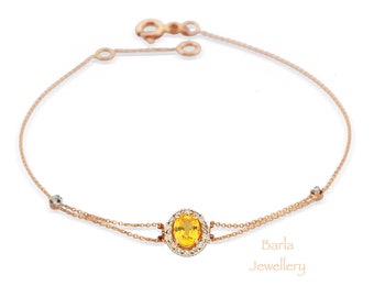 Yellow Sapphire and Diamond Bracelet, 14k Gold Genuine Sapphire Bracelet, Unique Sapphire Diamond Chain Bracelet, September Birthstone